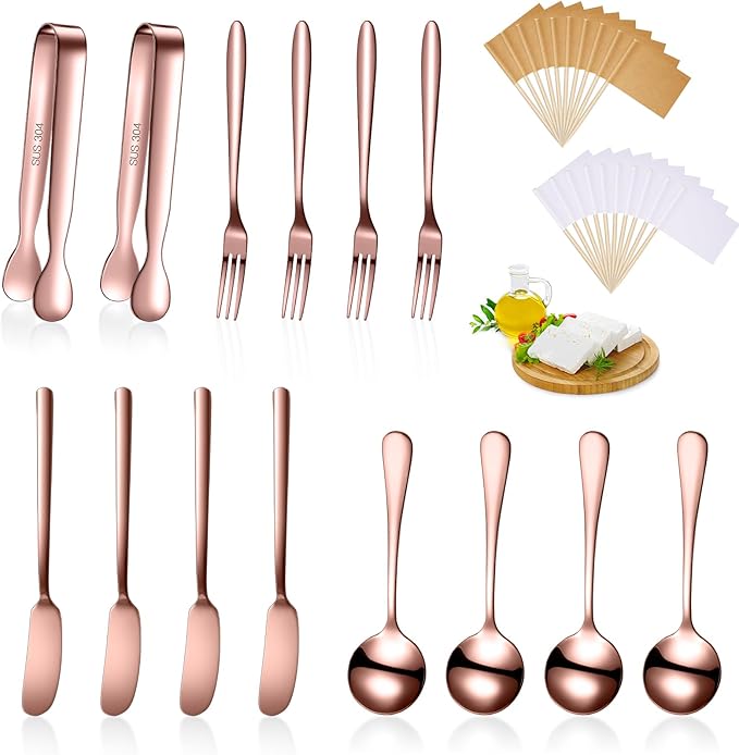 Patelai Cheese Butter Spreader Knives Set Charcuterie Accessories Stainless Steel Spreader Knives Charcuterie Boards Utensils Mini Serving Tongs Spoons and Forks for Appetizers Pastry(Rose Gold)