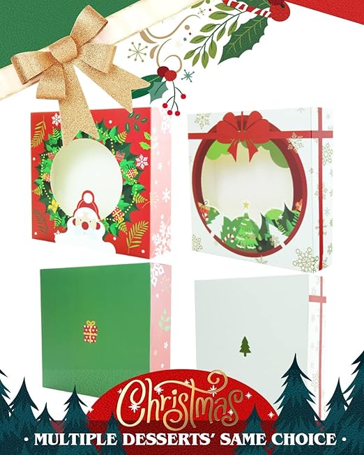 qiqee New Christmas Pie Boxes with Window 10x10x2.5 inch 30Packs Cookie Donut Bakery Box