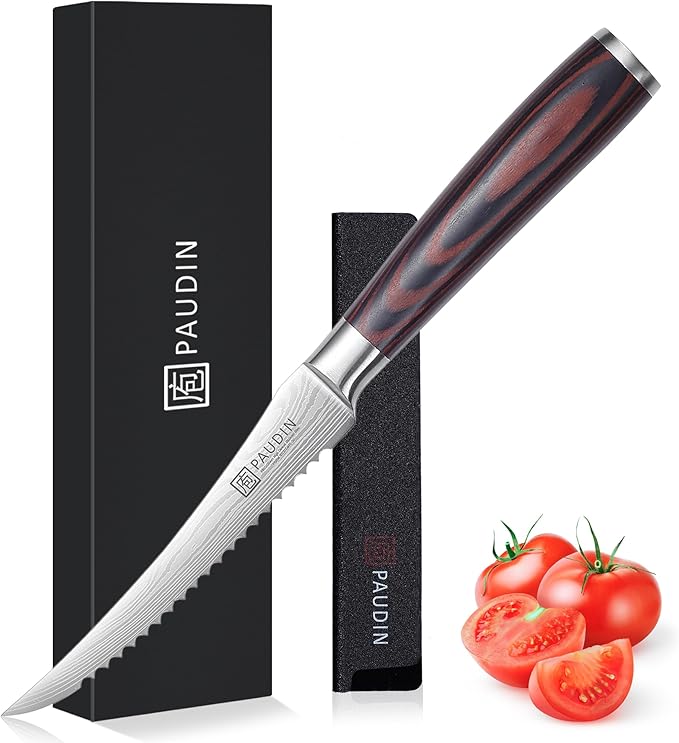 PAUDIN Tomato Knife, 5 inch Serrated Tomato Knives with Sheath, High Carbon Stainless Steel Tomato Slicer Knife for Smooth Cutting Slicing Vegetables and Fruits