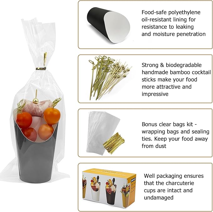 CAMKYDE 50 Sets Disposable Charcuterie Cups with Sticks and Bags, 12 oz Black Paper Snack Appetizers Cup French Fry Holder with Cocktail Picks Toothpicks (50 Cups+50 Bags+200 Sticks)