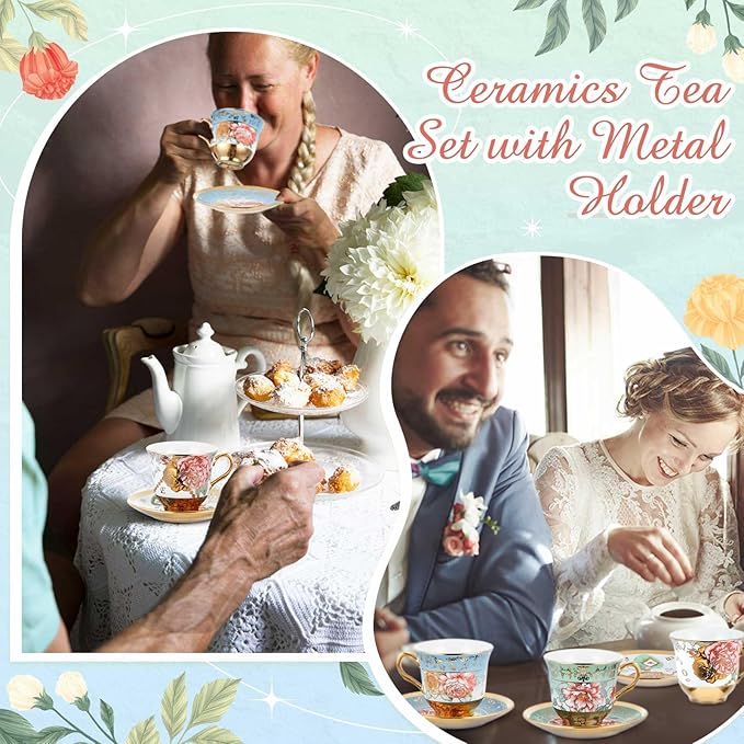 Set of 18 Tea Cups and Saucers Tea Party Decorations Floral Porcelain 5.4 oz British Gift for Women Birthday Party, Church, and Mother's Day (Classic Style,5.4 oz)