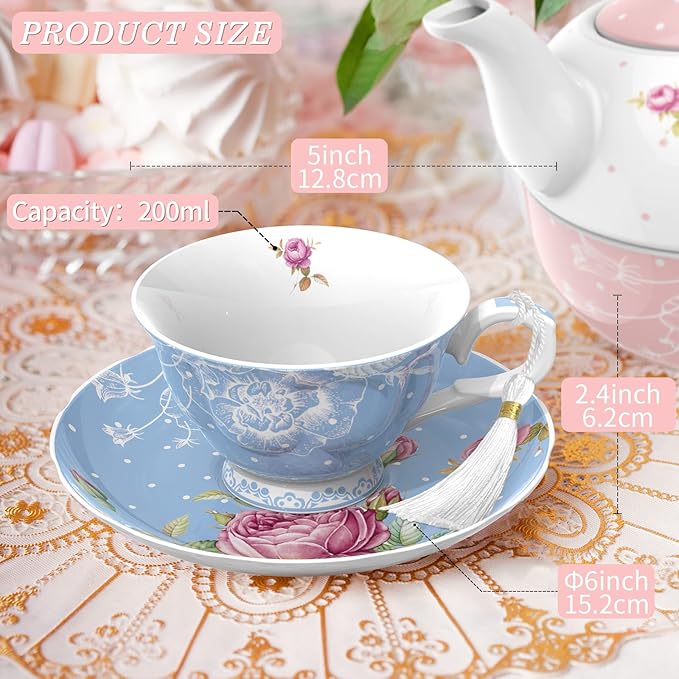 London Boutique Tea Cup and Saucer Set 2 Afternoon Tea Set New Bone China Vintage Flora Gift Box 200m (Blue)