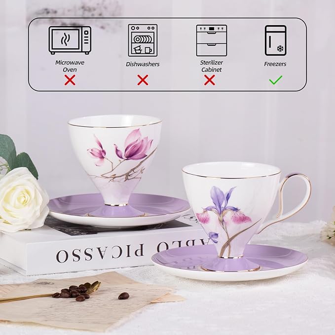 KAMMAK Ceramic Tea Cup and Saucer Set with Gold Trim, Purple Hibiscus & Iris Flower Pattern Cup and Saucer, 240ml Elegant Coffee Cup for Afternoon Tea, Gift for Women