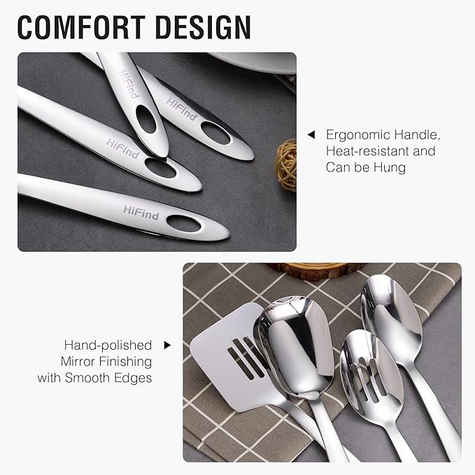 Stainless Steel Serving Utensils Set, 7Pcs Small Kitchen Utensils Set, Small Utensils for Serving, Ladle, Slotted Spatula, Meat Fork, Slotted Spoon, Cake Server, Solid Spoon, Square Spoon