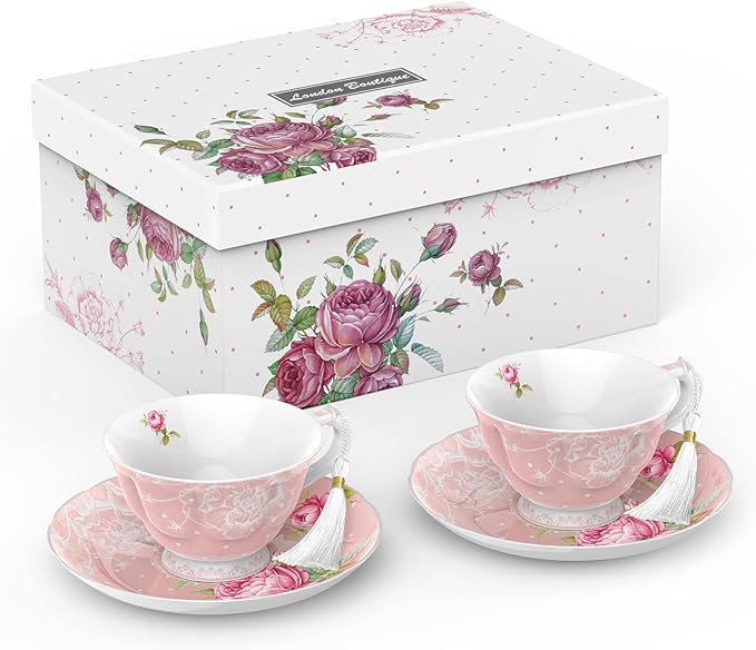 London Boutique Tea Cup and Saucer Set 2 Afternoon Tea Set New Bone China Vintage Flora Gift Box 200m (Pink)