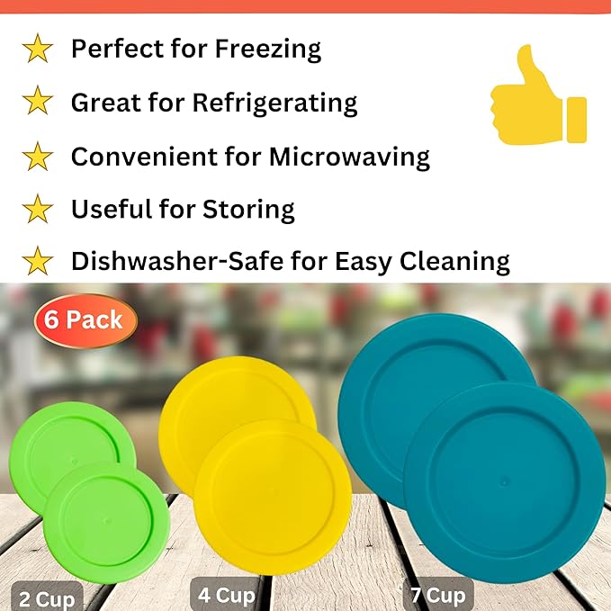2, 4 & 7 Cup Spring Green, Yellow, Turquoise Replacement Lids/Covers for Pyrex, Anchor Hocking & KlareWare Storage Bowls *Lids Only Glass Container Not Included* (6 Pack *Two of Each Size*)
