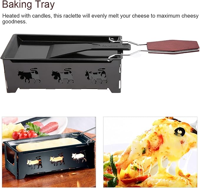 Non-Stick Cheese Raclette, Portable Candlelight Cheese Raclett, Cheese Melter Pan with Foldable Wood Handle, Rotaster Baking Tray Stove Set