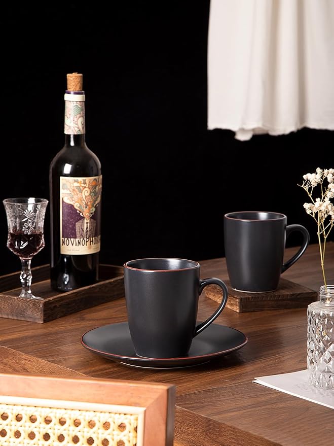 famiware Venus Coffee Mugs for 6, 14 oz Mug Set, Dringking Cup with Handle for Coffee, Tea, Cocoa, Milk, Matte Black