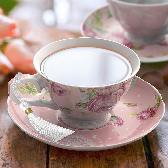 London Boutique Tea Cup and Saucer Set 2 Afternoon Tea Set New Bone China Vintage Flora Gift Box 200m (Pink)
