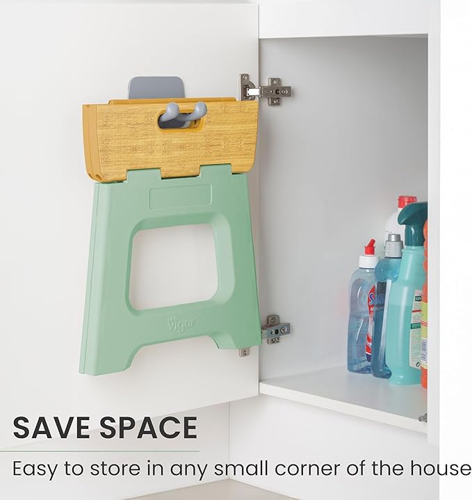 Vigar Compact Step Stool Foldable, 12-1/2-inch Step Stools for Adults up to 330 Pound, Lightweight Stool, Non-Slip Folding Step Stool, Bamboo Print on Top, Vintage Green