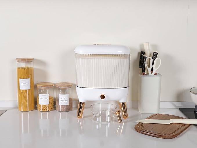 Rice Dispenser 25 Lbs - Flour and Rice Container - Space Efficient Food Dispenser for Organized Storage - Save Time & Effort with Easy Dispensing - Stylish Countertop Solution