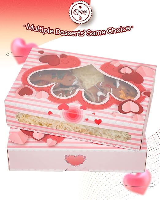 qiqee Valentine's Day Cookie Boxes for Gift Giving 8x5.3x2 inch 36Packs Treat Box with Window Bakery Box for Valentine's Day