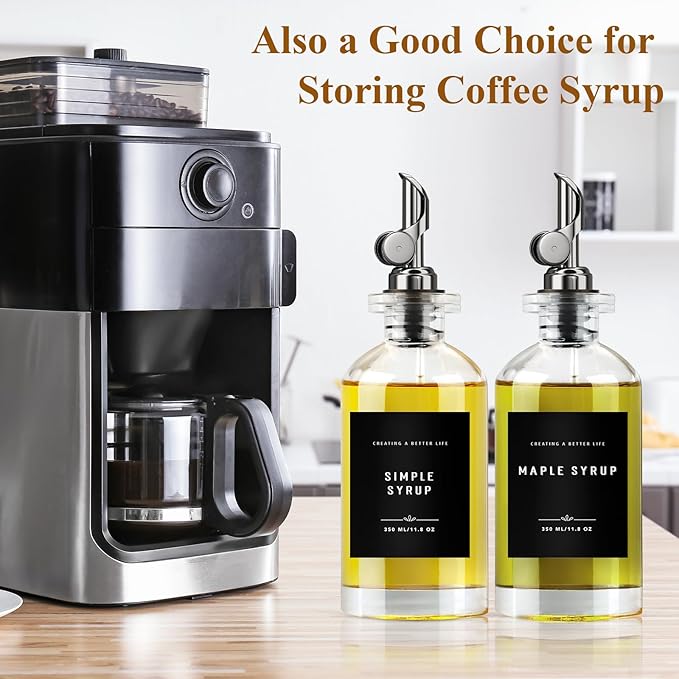 Olive Oil Dispenser Bottle with Bamboo Tray, GIXSEGIE Oil and Vinegar Dispenser Set w.Metal Pour Spout, Coffee Syrup Dispenser, Olive Oil Cruet Cooking Oil Dispenser, Oil Container Bottles for Kitchen