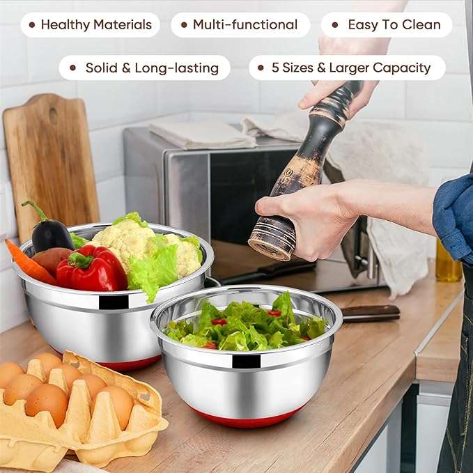 TeamFar Mixing Bowls with Lids Set, 7/3.5/2.5/1.5/1 QT, Stainless Steel Large Red Nesting Metal Salad Mixing Bowl Set of 5, Healthy & Easy Clean, Airtight Lid & Non-slip Bottom