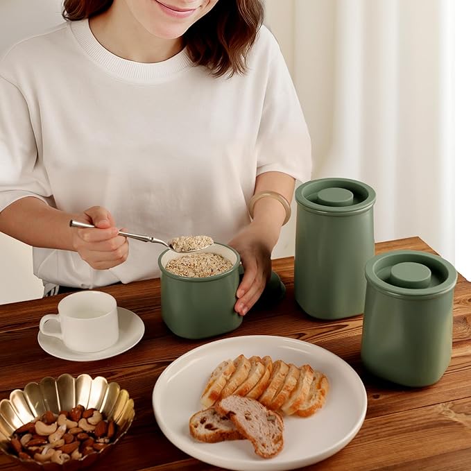 Nucookery Canisters Sets for the Kitchen Countertop, 3 Pcs Ceramic Jar with Silicone Lid, 40oz, 30oz, 20oz Food Storage Containers for Flour, Sugar, Coffee, Grains,Tea, Cookies, Dry Food Organization