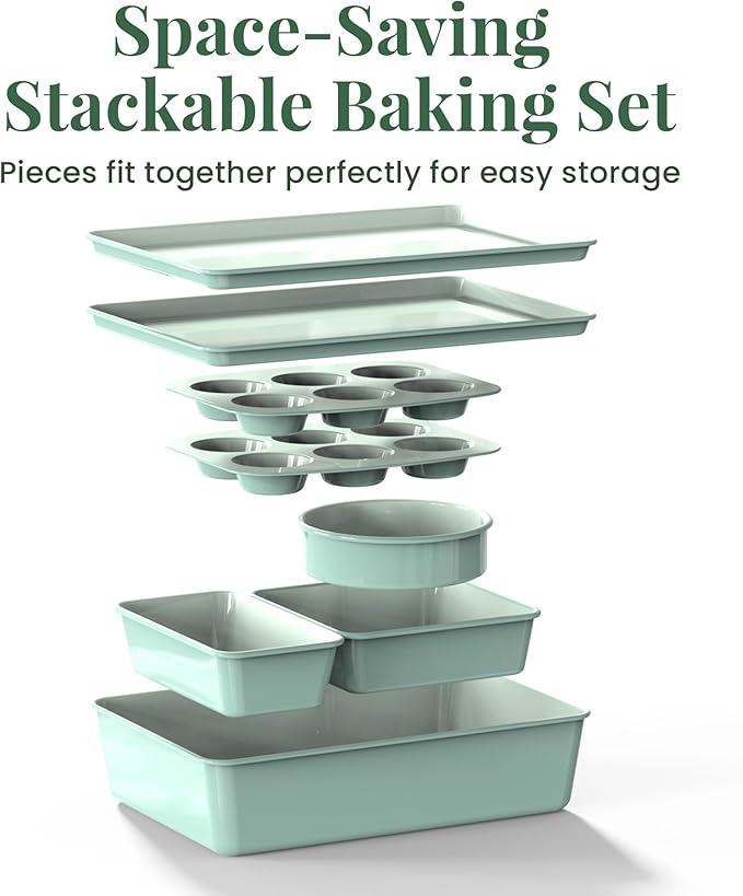 Larder & Vine 8-Piece Bakeware Set | Non-Stick Baking Set with Ceramic Finish | PFAS, PFOA, PTFE, and BPA Free Baking Essentials | Baking Sheets, Muffin Tins and Assorted Baking Pans | Sage