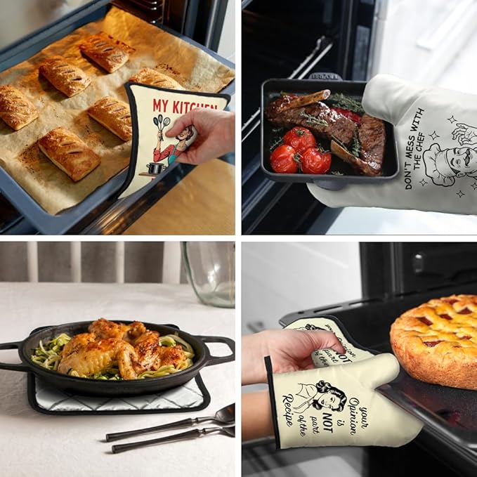 Baking Because Murder is Wrong Funny Oven Mitts and Pot Holders Set, Vintage Baking Kitchen Gadgets, Sarcastic Baking Gifts for Women Chef Hostess Mom Sister BFF Baking Lovers