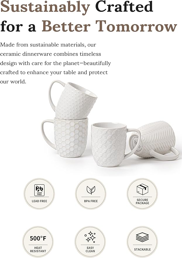Coffee Mugs Set of 4, 12oz Ceramic Mug Set with Embossment, Stackable Mugs for Coffee/Tea/Latte/Cappuccino, Microwave & Dishwasher Safe, Gift for Men & Women