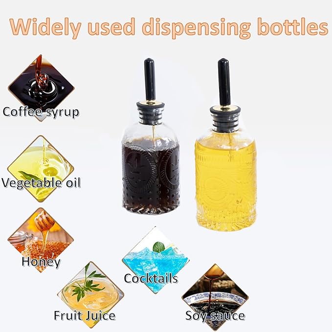 Oudizz Coffee Syrup Dispenser Set 2 Pcs - 200ml Syrup Dispenser Glass With Metal Pour Spout for Coffee Bar for Kitchen