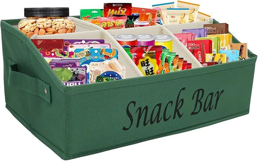Snack Organizer for Countertop, Fabric Snack Bar Station with Handles, 6 Compartment Container, Kitchen Pantry Storage and Organizer, Green