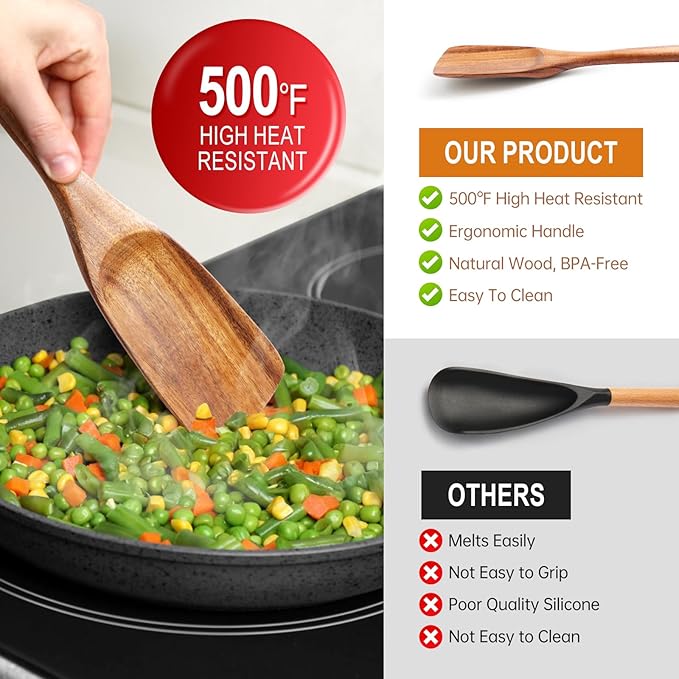 Wooden Spoons for Cooking, Wooden Utensils for Cooking Natural Teak Wooden Kitchen Utensils Set Comfort Grip (3 PCS)