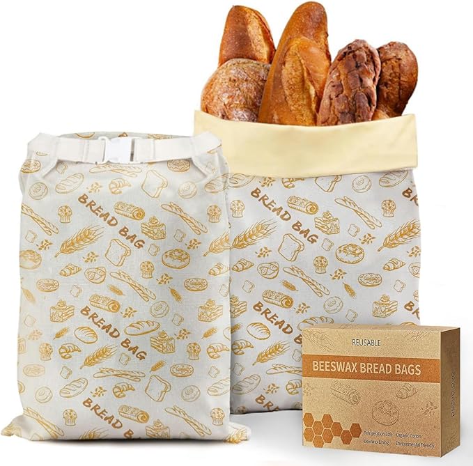 2pcs Reusable Bread Bags for Homemade, Organic Beeswax Cotton Bag with with Lining & Zipper, Sourdough Food Storage Bags, for Freezer-Friendly & Freshness Preservation