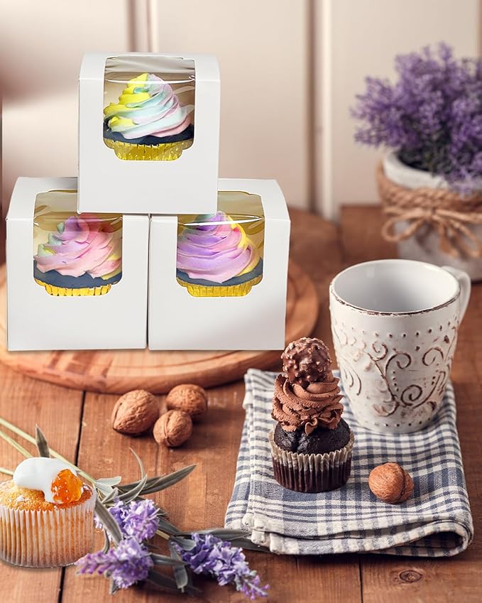 Bakepacker Auto-pop up Cupcake Boxes 30-Packs Individual Cupcake Container White 3.5" x 3.5" x 3.5" Single Cupcake Boxes