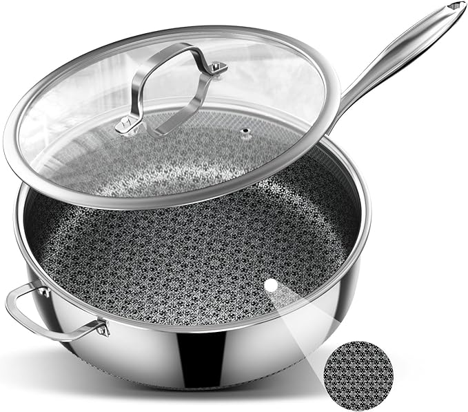 5 Qt Saute Pan with Lid, 10-inch 5 Ply Stainless Steel Pan with Lid, Non Stick Frying Pans, Cooking Pot Deep Frying Pan Non-Toxic, For Induction, Oven, Dishwasher Safe
