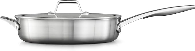 Calphalon Premier Stainless Steel 5-Quart Sauté Pan with Lid, 3-Layer Metal Construction, Oven & Dishwasher Safe