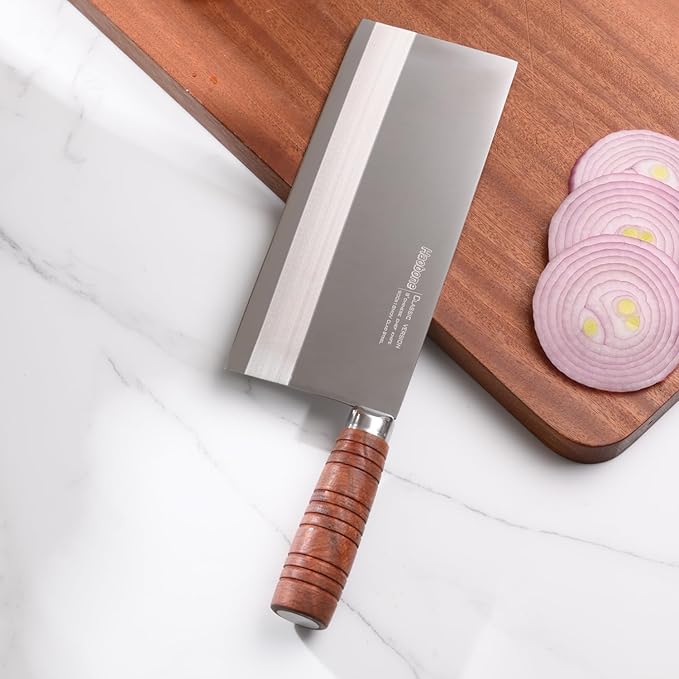 Chinese Cleaver Knife 8 Inch Professional Meat Cleaver Chefs Knife 90Cr18MoV Clad Steel Vegetable Knife Non-stick Rosewood Handle for Homes Restaurants Caidao
