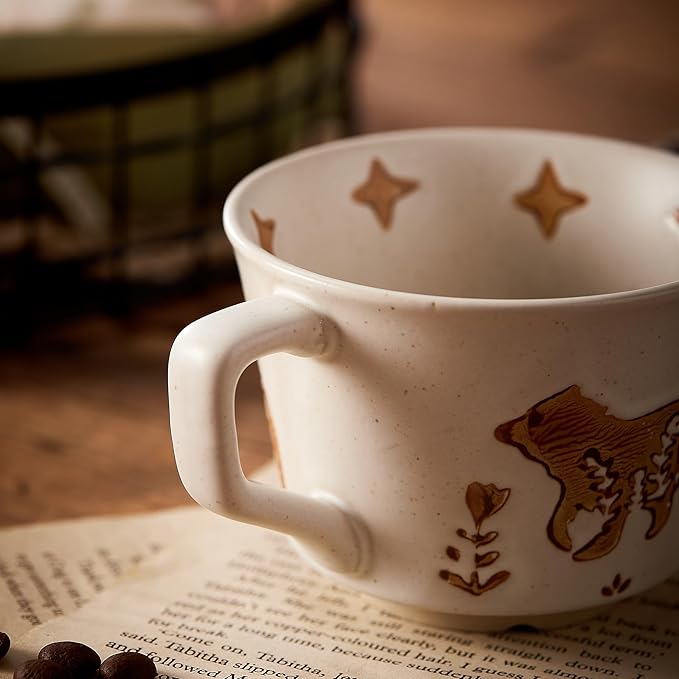 12oz Vintage Ceramic Coffee Mug Set of 4 - Handmade Stoneware Pottery Countryside Farmhouse Fall Autumn Tea Mugs with Big Handle for Latte,Cocoa,Dishwasher & Microwave Safe Cups (Animals)