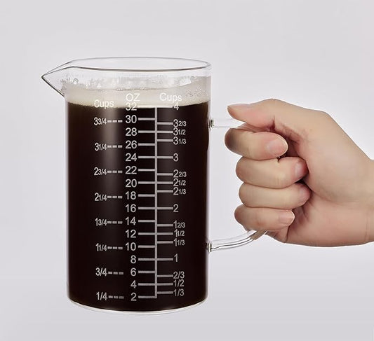 Ackers Etched Graduated Glass Measuring Cup - [Insulated Handle | V-Shaped Spout] - High Borosilicate Glass Measuring Cup for Kitchen or Dining, Easy to Read,1000 ML (32 Oz, 4 Cup)