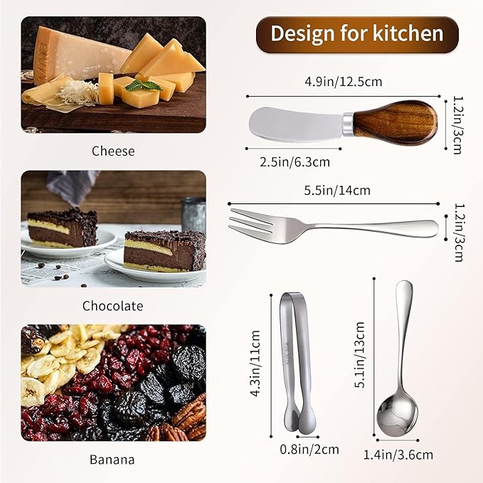 Charcuterie Accessories (14 Pcs), Cheese Spreaders for Charcuterie Board, Mini Serving Spoons, Forks and Mini Serving Tongs - Charcuterie Utensils for Butter, Cheese and Pastry Making