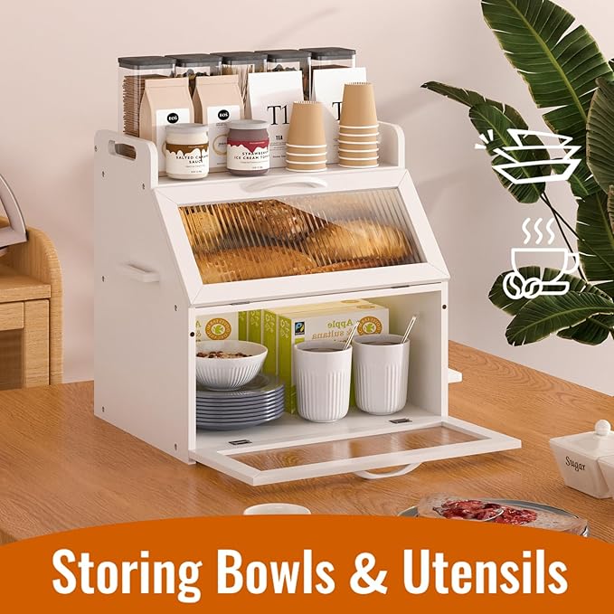 Bread Box, Bread Box for Kitchen Countertop, Large Bread Storage Container for Homemade Bread, Wooden Farmhouse Breadbox Organizers, Double Layer Bread Bin with Acrylic Window Bread Holder,White