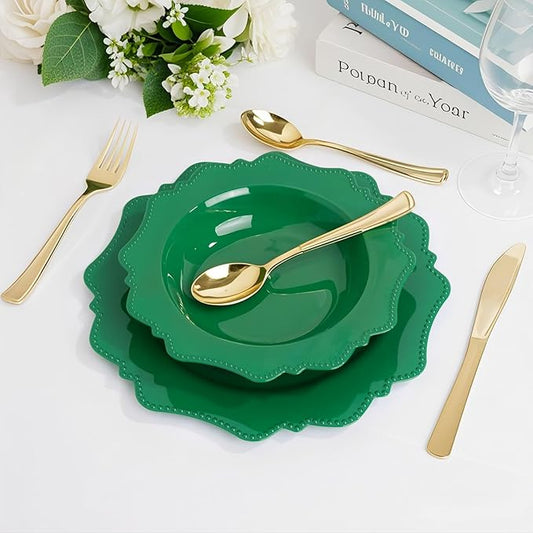 COLOSUS 60 Pack Green White Plastic Bowls, 12 oz Disposable Soup Bowls, Premium Plastic Dinner Bowls,Heavy-duty Dessert Salad Bowl for Party, Wedding, Dinner, Christmas, Thanksgiving, and Catering