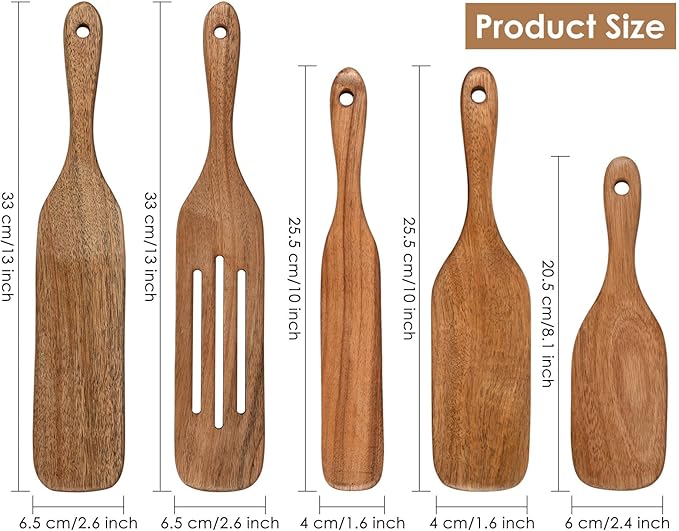 Wooden Spurtle Kit 5 Pieces Teak Wood Spoons Kitchen Tools for Nonstick Cookware, Salad Strainer and Making Cake