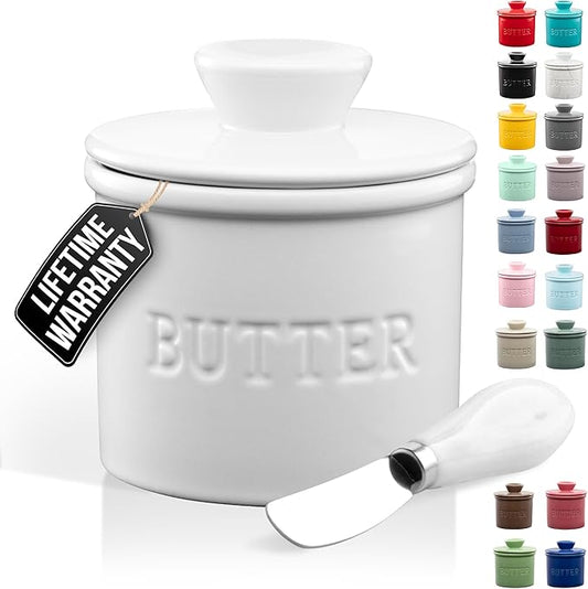 Zulay Kitchen Butter Crock With Lid & Spreader Knife for Countertop - Ceramic French Butter Dish Keeper For Fresh & Spreadable Butter - White
