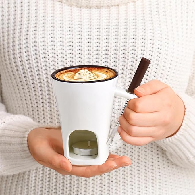 Personal Chocolate Fondue Set Of 3, Chocolate Melting Cup Tea Light With Fork, Ceramic Sweet Melted Fondue Mug For Butter Cheese Dessert Candy Chocolates, Meltie Cup For Cooks Kids Adults