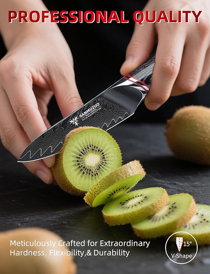 3.5 Inch Paring Knife - Fruit and Vegetable Peeling Knives, Black Damascus Steel with Ergonomic Handle - MIAO Series