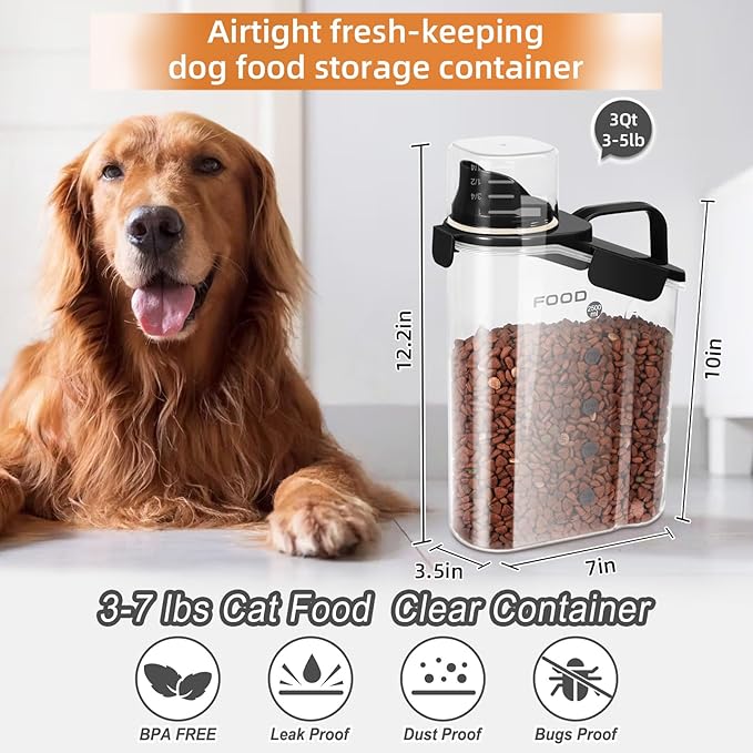3-5Lbs Small Cat and Dog Food Storage Containers BPA Free, Airtight Pet Food Storage Containers with Large Pour Spout/1 Measuring Cup/ 4 Safety Locks and Pet Folding Bowl (Black)