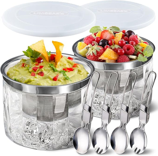 LIMOEASY Chilled Dip Bowl (2 Pack), 25oz Ice Serving Bowl with Lid for Parties, Cold Serving Dish for Hummus, Salsa, Guacamole, Sauces, Pasta