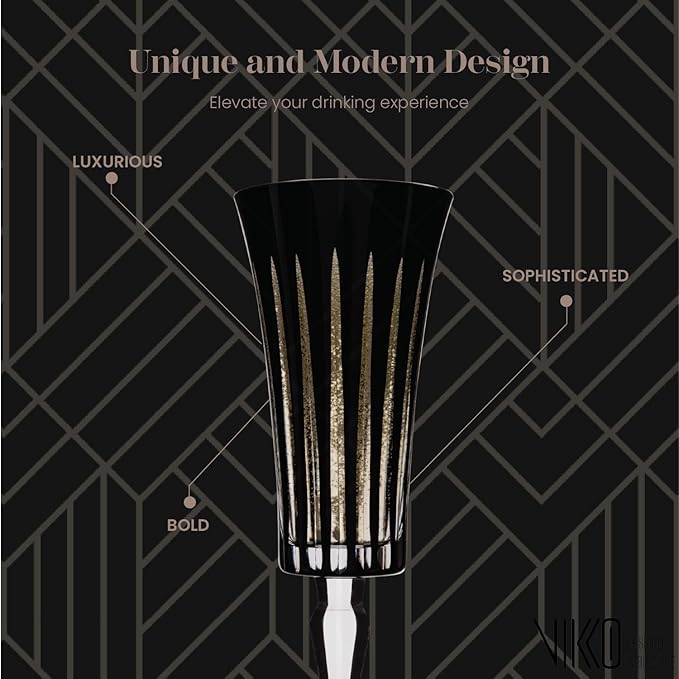 Vikko Champagne Flutes, Timeless Collection 6 Ounce Elegant Wine Glass for Fine Dining, Set of 4 Black Goblets with Stem, Dishwasher Safe