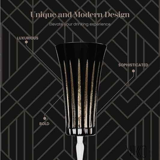 Vikko Champagne Flutes, Timeless Collection 6 Ounce Elegant Wine Glass for Fine Dining, Set of 4 Black Goblets with Stem, Dishwasher Safe