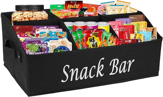 Snack Organizer for Countertop, Fabric Snack Bar Station with Handles, 6 Compartment Container, Black 【Patent Pending】