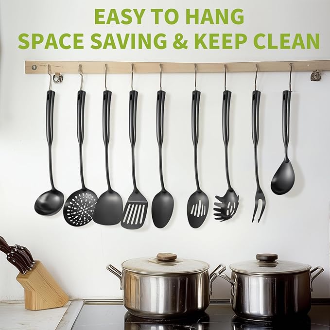 304 Stainless Steel Kitchen Cooking Utensils Set - 9 PCS Serving Utensils, Include Skimmer, Soup Ladle, Spaghetti Server, Wok Spatula, Slotted & Solid Spoon, Slotted Spatula Turner, Meat Fork (Black）