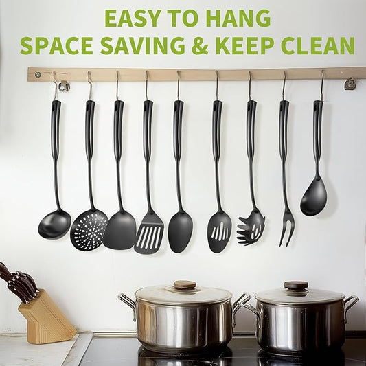 304 Stainless Steel Kitchen Cooking Utensils Set - 9 PCS Serving Utensils, Include Skimmer, Soup Ladle, Spaghetti Server, Wok Spatula, Slotted & Solid Spoon, Slotted Spatula Turner, Meat Fork (Black）