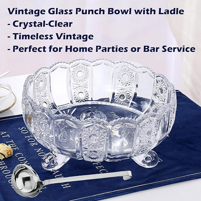 Vintage Crystal Glass Punch Bowl with Ladle - 1 Gallon Unique Design Drink Dispenser - Heavy and Sturdy PunchBowl Set for Centerpiece Table Decorations at Parties