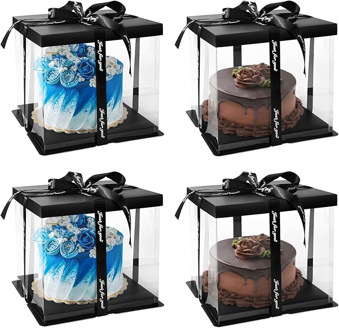 4 Pack Clear Cake Box Carrier 10" X 10" X 9" Cake Packaging Container with Ribbon Transparent Boxes with Lid Gift Package for Birthday Wedding Party, Black