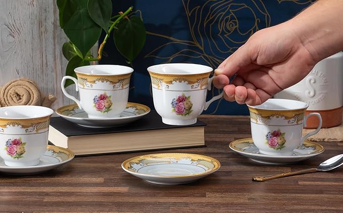 Vintage Rose Porcelain Tea Set - Gorgeous 8 Piece Dinnerware with 5.5 Inch Saucers, 6.5 oz Cups - For Tea Parties, Cappuccino, Every Day Dishes and Formal Occasions (Roses Gold 3008, 8 Piece)
