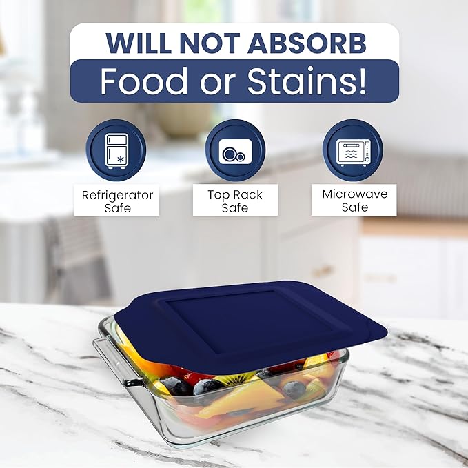 Replacement Lid for Pyrex 2-Quart 8" x 8" Glass Baking Dish #222, Compatible with Lid #222-PC, Food Storage Container Cover with Flush Tab Handles (Navy)